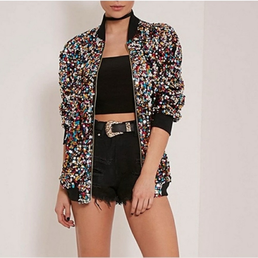 Cresay Women's Rainbow Sequin Bomber Jacket